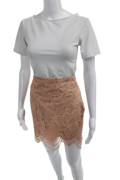 For Love & Lemons Women Mini Floral Lace Nylon Skirt Pink Zip Knee Size M