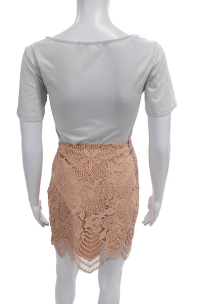 For Love & Lemons Women Mini Floral Lace Nylon Skirt Pink Zip Knee Size M