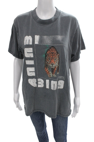 Anine Bing Women Gray Animal Print Cotton Short Sleeve T-Shirt Size M