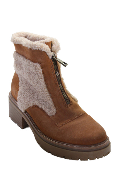 Naturalizer Womens Front Zip Block Heel Shearling Trim Boots Brown Suede Size 9
