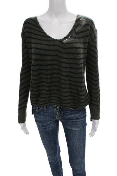 R+A Women Cashmere Pullover V-Neck Striped Long Sleeve Green Grunge Size S