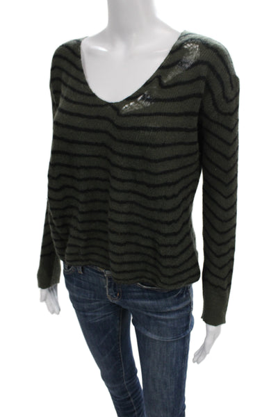 R+A Women Cashmere Pullover V-Neck Striped Long Sleeve Green Grunge Size S