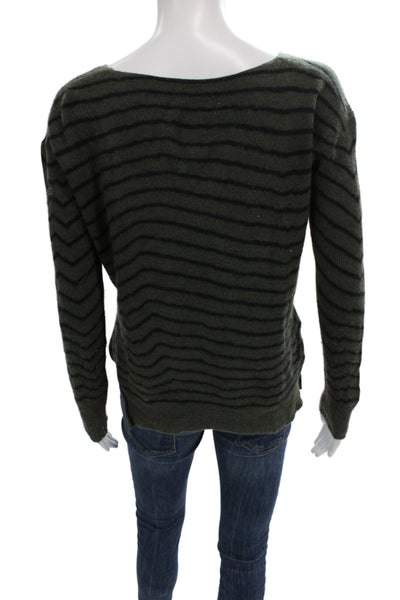 R+A Women Cashmere Pullover V-Neck Striped Long Sleeve Green Grunge Size S