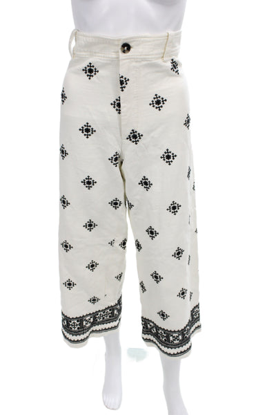 Zara Women Cropped Viscose Geometric Bohemian Pants Ivory Button Size L