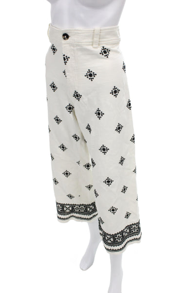 Zara Women Cropped Viscose Geometric Bohemian Pants Ivory Button Size L