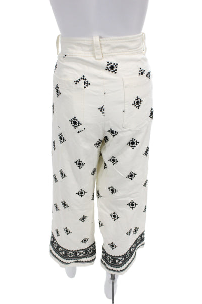 Zara Women Cropped Viscose Geometric Bohemian Pants Ivory Button Size L