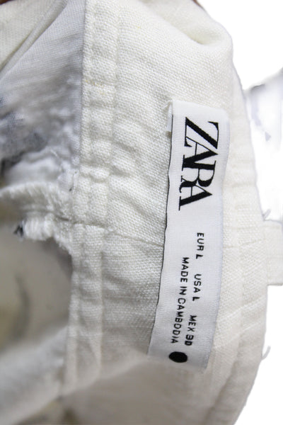 Zara Women Cropped Viscose Geometric Bohemian Pants Ivory Button Size L