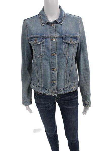 Zara Women Basic Jacket Blue Button Cotton Blend Long Sleeve Size L