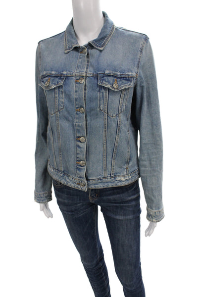Zara Women Basic Jacket Blue Button Cotton Blend Long Sleeve Size L