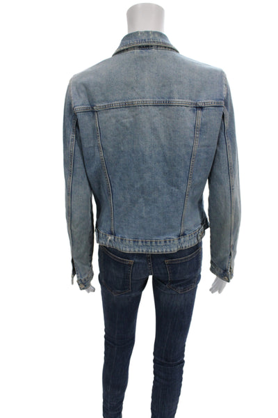 Zara Women Basic Jacket Blue Button Cotton Blend Long Sleeve Size L