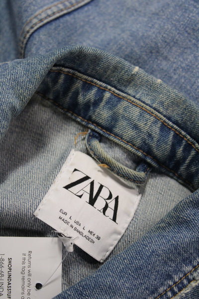 Zara Women Basic Jacket Blue Button Cotton Blend Long Sleeve Size L
