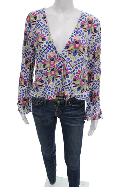 Zara Women Basic Floral V-Neck Viscose Long Sleeve Blouse Size L