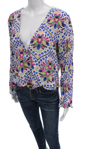 Zara Women Basic Floral V-Neck Viscose Long Sleeve Blouse Size L