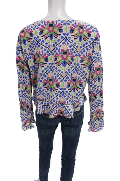 Zara Women Basic Floral V-Neck Viscose Long Sleeve Blouse Size L