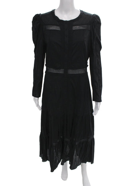 La Vie Womens Maxi Dress Black Cotton Long Sleeve Round Neck Button Size L