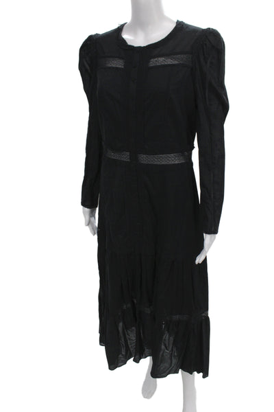 La Vie Womens Maxi Dress Black Cotton Long Sleeve Round Neck Button Size L