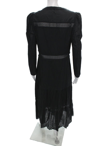 La Vie Womens Maxi Dress Black Cotton Long Sleeve Round Neck Button Size L