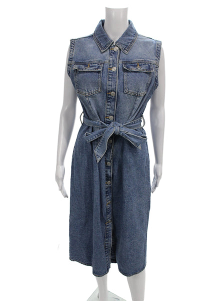 Zara Womens Blue Sleeveless Shirt Dress Collared Button Cotton Knee Size L