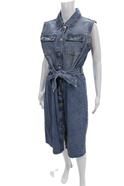 Zara Womens Blue Sleeveless Shirt Dress Collared Button Cotton Knee Size L