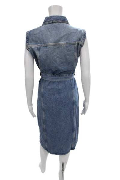 Zara Womens Blue Sleeveless Shirt Dress Collared Button Cotton Knee Size L