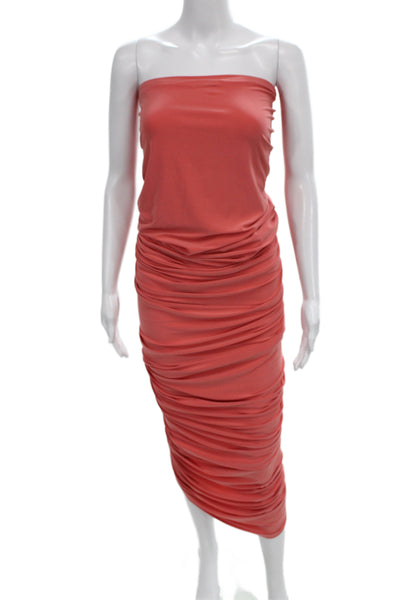 Norma Kamali Women Strapless Bodycon Midi Dress Pink Polyester Size L