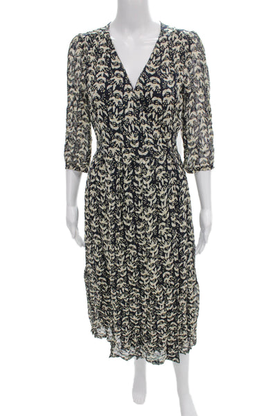 Ba&Sh Women Wrap Dress Black Floral V-Neck 3/4 Sleeve Mid-Calf Viscose Size 0