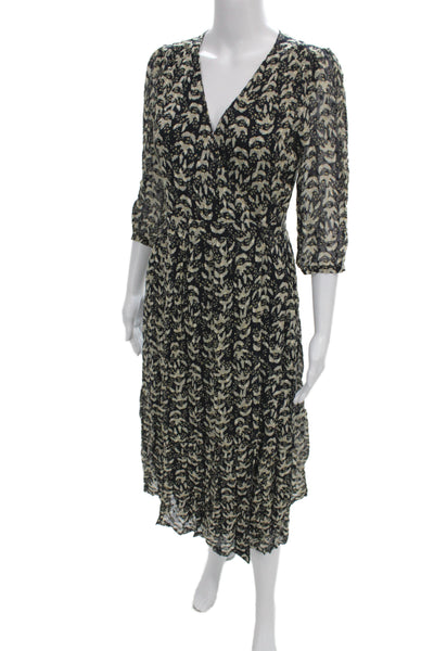 Ba&Sh Women Wrap Dress Black Floral V-Neck 3/4 Sleeve Mid-Calf Viscose Size 0