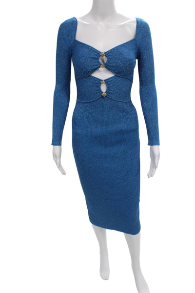 Self-Portrait Women Bodycon Dress Blue Sweetheart Long Sleeve Midi Size S