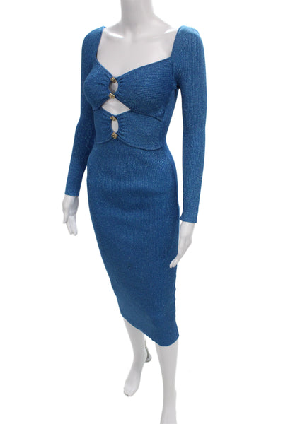 Self-Portrait Women Bodycon Dress Blue Sweetheart Long Sleeve Midi Size S