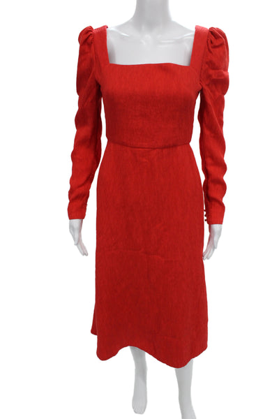 Johanna Ortiz Women A-Line Red Viscose Square Neck Longsleeve Midi Dress Size 0