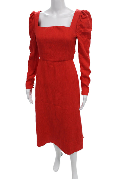 Johanna Ortiz Women A-Line Red Viscose Square Neck Longsleeve Midi Dress Size 0