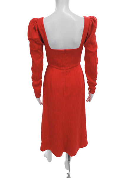 Johanna Ortiz Women A-Line Red Viscose Square Neck Longsleeve Midi Dress Size 0