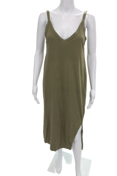 Bassike Women Green V-Neck Slip Dress Cotton Knee Length Size XS