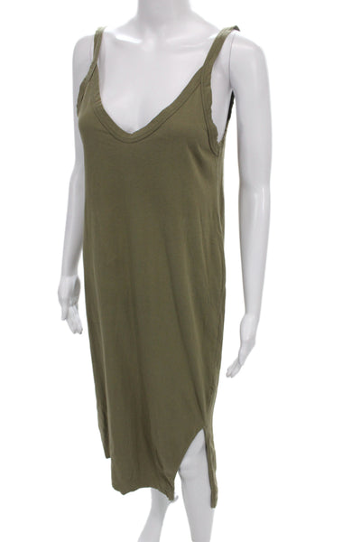 Bassike Women Green V-Neck Slip Dress Cotton Knee Length Size XS