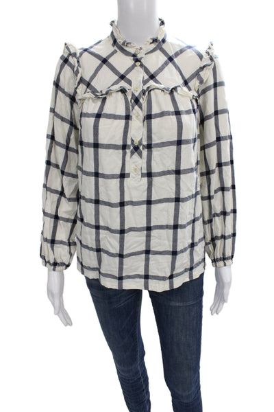 J Crew Women Basic Plaid Cotton High Neck Button Long Sleeve Blouse Size XS