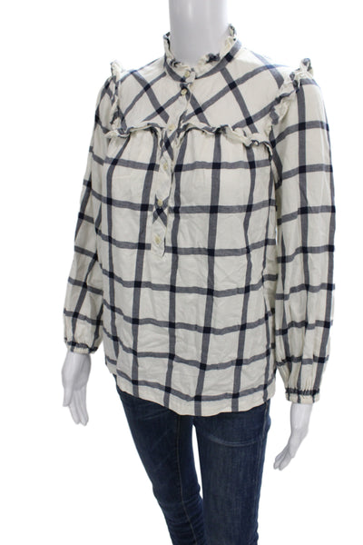J Crew Women Basic Plaid Cotton High Neck Button Long Sleeve Blouse Size XS