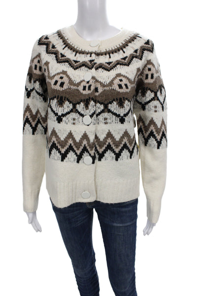 Designer Women Cardigan Ivory Fair Isle Round Neck Long Sleeve Polyester Size S