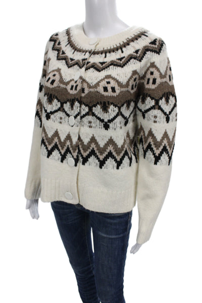 Designer Women Cardigan Ivory Fair Isle Round Neck Long Sleeve Polyester Size S