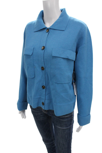 Tribal Women Cardigan Collared Viscose Blue Long Sleeve Solid Fall Size L