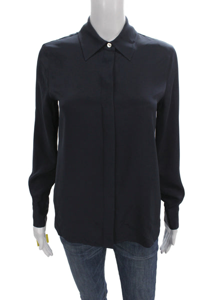 Lily Silk Womens Mulberry Silk Collared Button Up Top Blue Long Sleeve Size XS