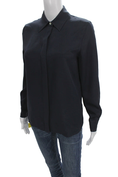 Lily Silk Womens Mulberry Silk Collared Button Up Top Blue Long Sleeve Size XS