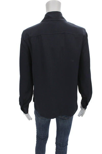 Lily Silk Womens Mulberry Silk Collared Button Up Top Blue Long Sleeve Size XS