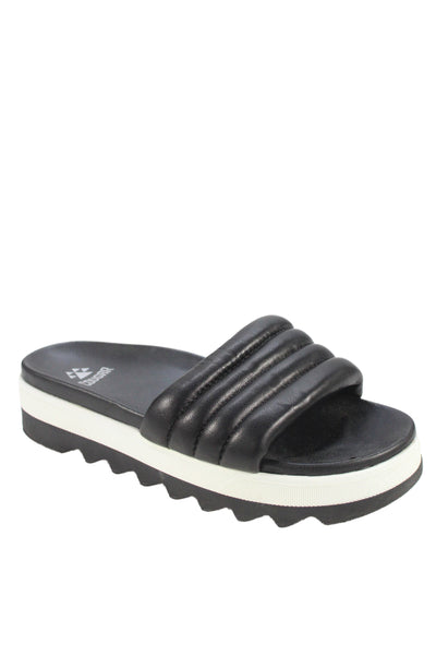 Cougar Womens Leather Quilted Strap Platform Slides Black Size 9.5