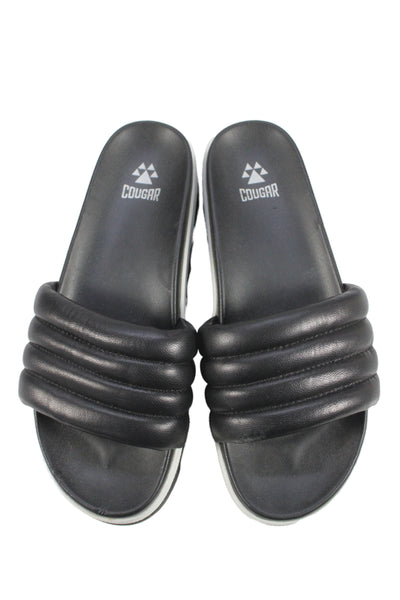 Cougar Womens Leather Quilted Strap Platform Slides Black Size 9.5