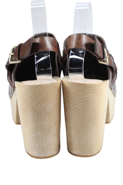 Loeffler Randall Women's Leather Braided Paxton  Platform Clogs  Brown Size 10.5