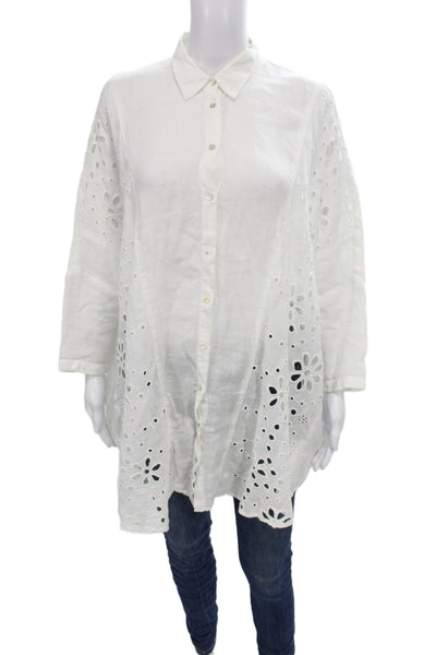 120% Lino Womens White Linen Collared Long Sleeve Tunic Button-Up Boho Size XS