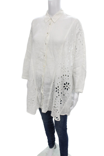 120% Lino Womens White Linen Collared Long Sleeve Tunic Button-Up Boho Size XS