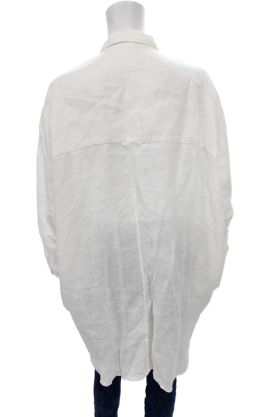 120% Lino Womens White Linen Collared Long Sleeve Tunic Button-Up Boho Size XS