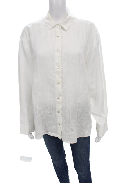 120% Lino Women White Linen Collared Basic Button-Up Long Sleeve Size 42