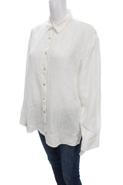 120% Lino Women White Linen Collared Basic Button-Up Long Sleeve Size 42